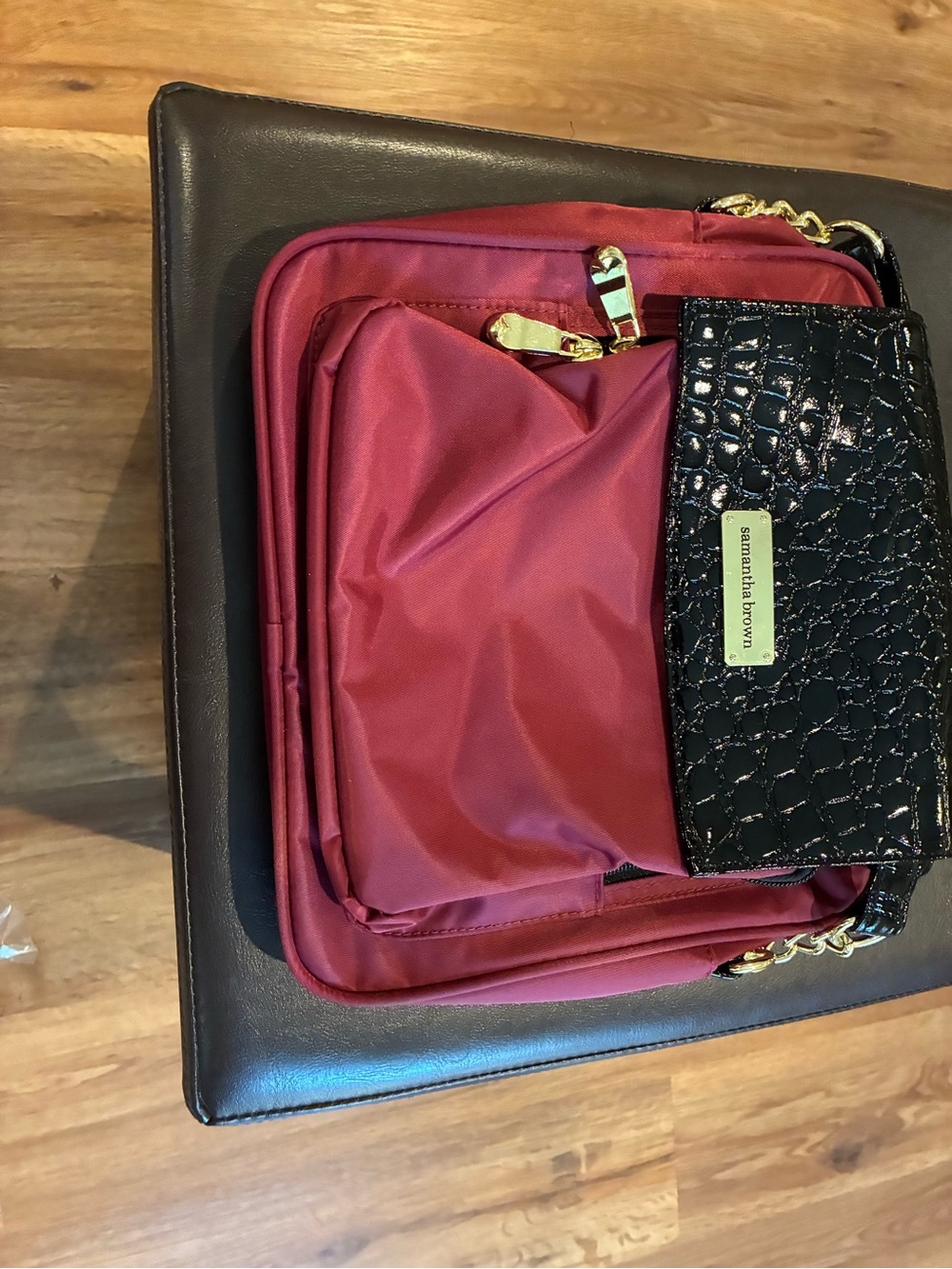 Samantha Brown Red Nylon Crossbody with Black Croc-Embossed Flap